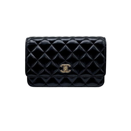 Chanel Black Shiny Quilted Lambskin Wallet w/ Chain Light Gold Hardware