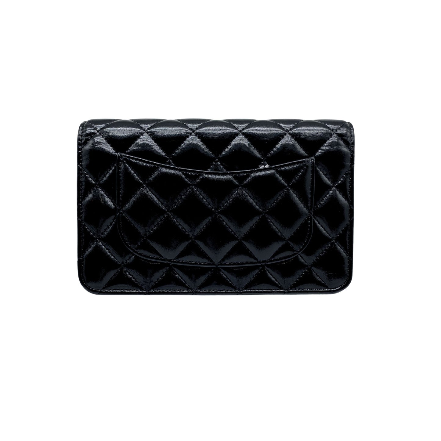Chanel Black Shiny Quilted Lambskin Wallet w/ Chain Light Gold Hardware
