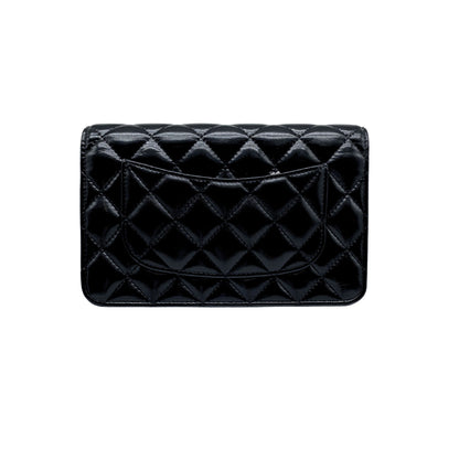 Chanel Black Shiny Quilted Lambskin Wallet w/ Chain Light Gold Hardware