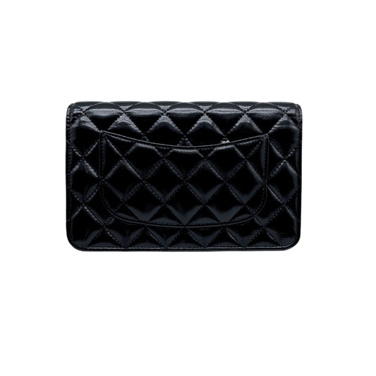 Chanel Black Shiny Quilted Lambskin Wallet w/ Chain Light Gold Hardware