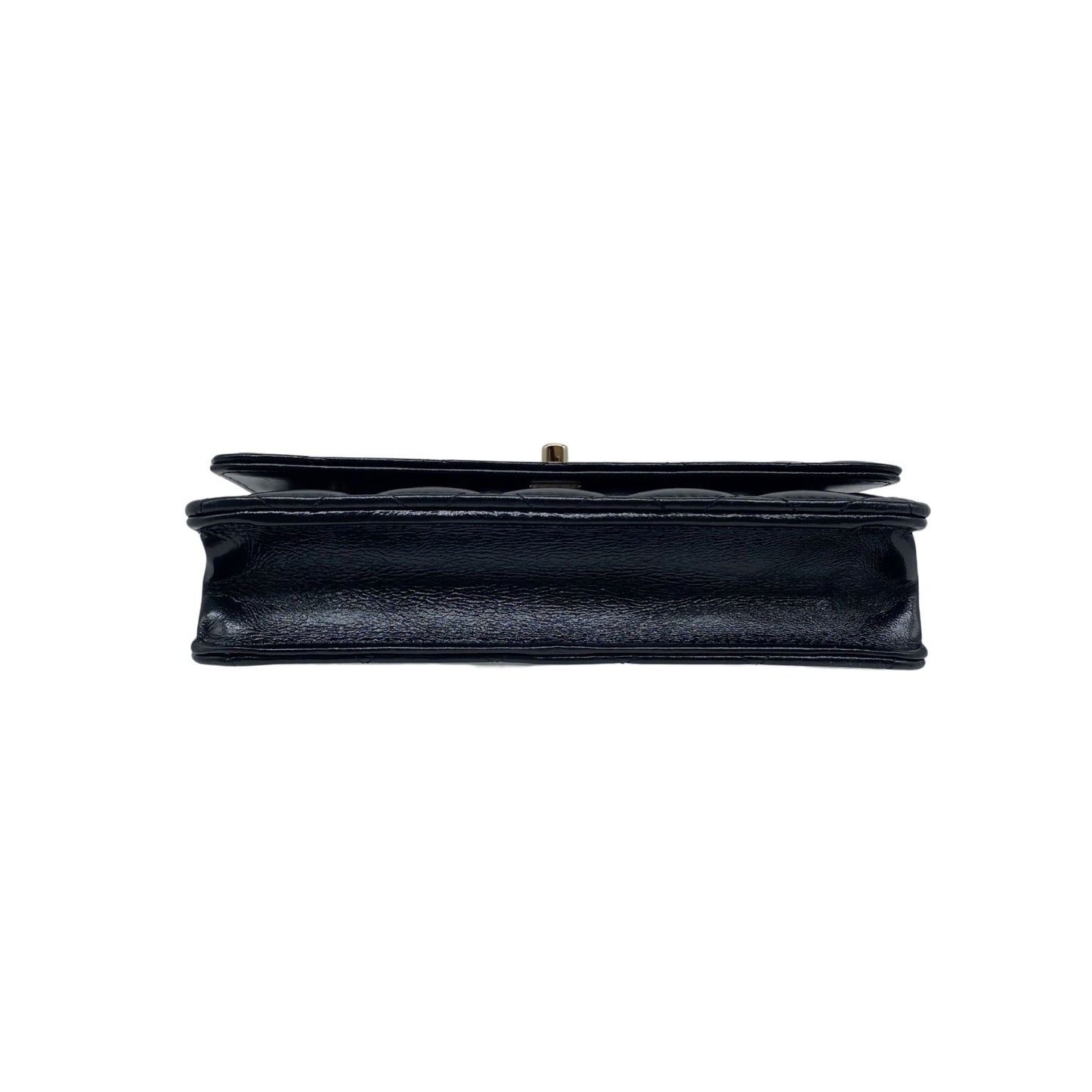Chanel Black Shiny Quilted Lambskin Wallet w/ Chain Light Gold Hardware