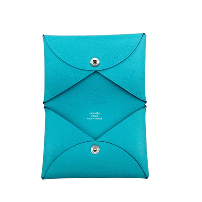 Hermes Calvi Turquoise Blue Epsom Leather Cardholder