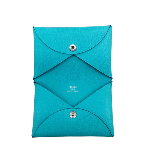 Hermes Calvi Turquoise Blue Epsom Leather Cardholder