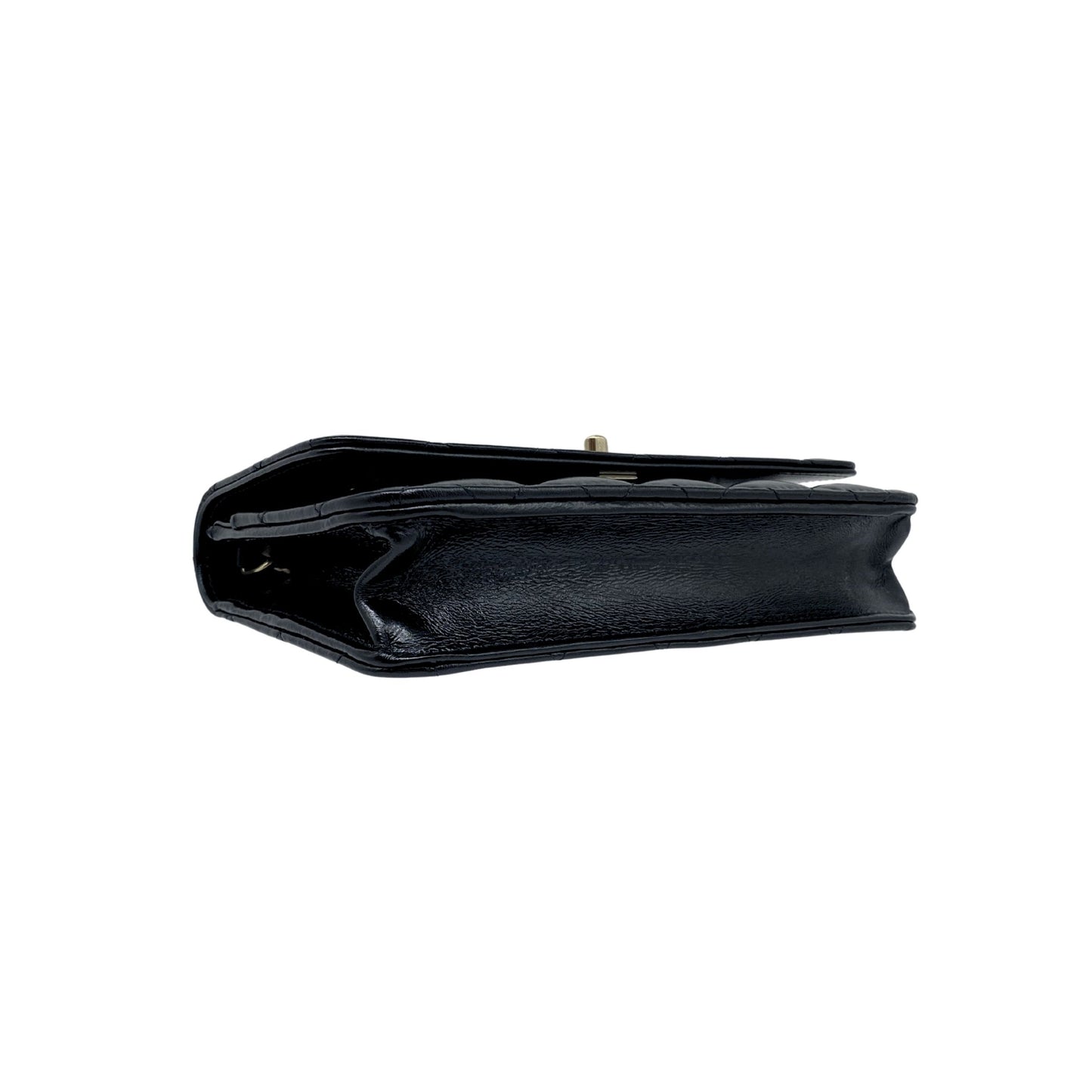 Chanel Black Shiny Quilted Lambskin Wallet w/ Chain Light Gold Hardware