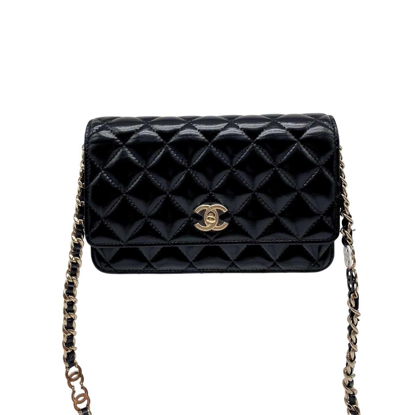 Chanel Black Shiny Quilted Lambskin Wallet w/ Chain Light Gold Hardware