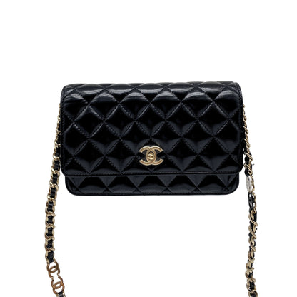Chanel Black Shiny Quilted Lambskin Wallet w/ Chain Light Gold Hardware