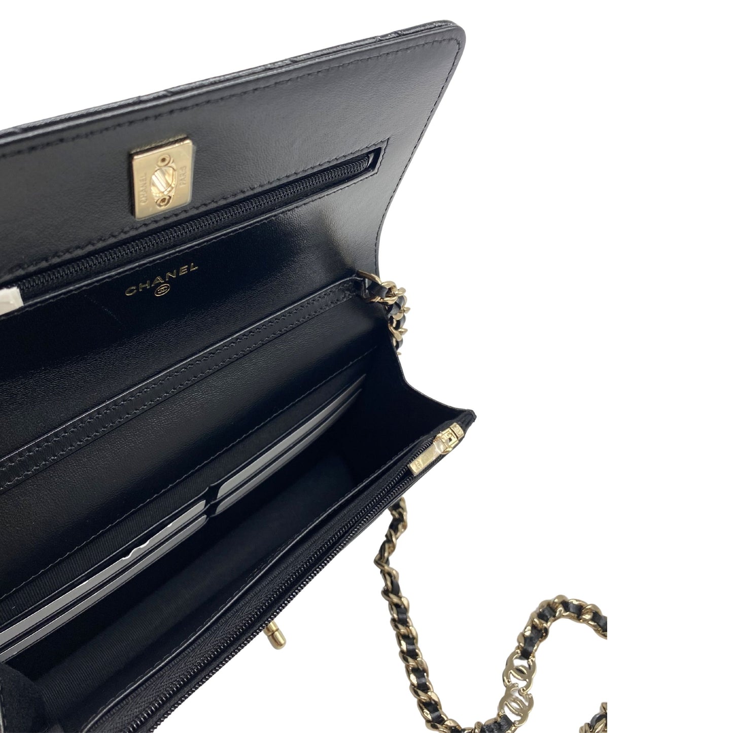 Chanel Black Shiny Quilted Lambskin Wallet w/ Chain Light Gold Hardware