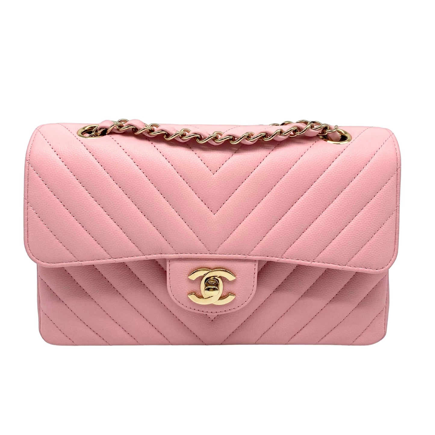Chanel Small Pink Quilted Chevron Double Flap