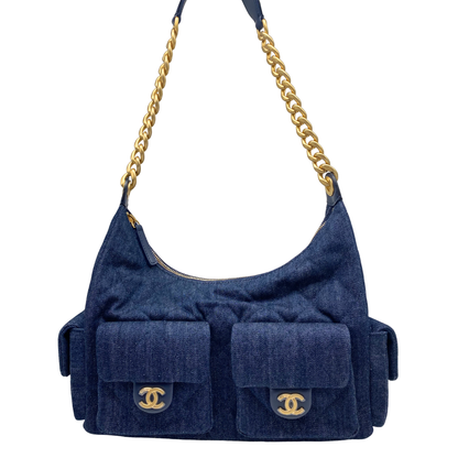 Chanel Washed Denim Quilted Cargo Hobo Bag