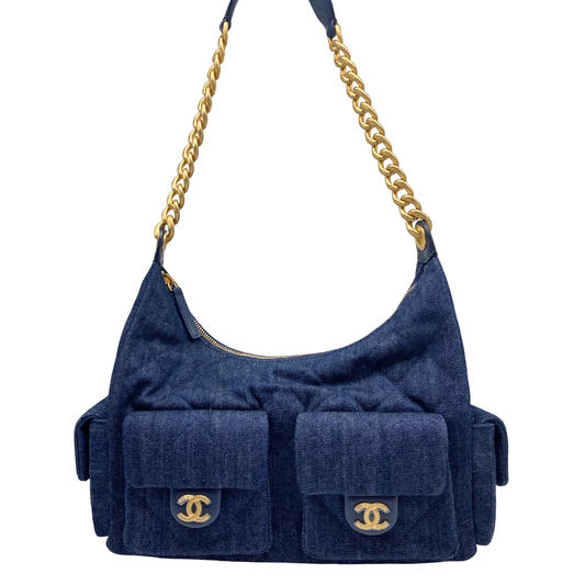 Chanel Washed Denim Quilted Cargo Hobo Bag