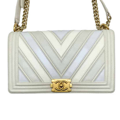 Chanel White Chevron New Medium Boy