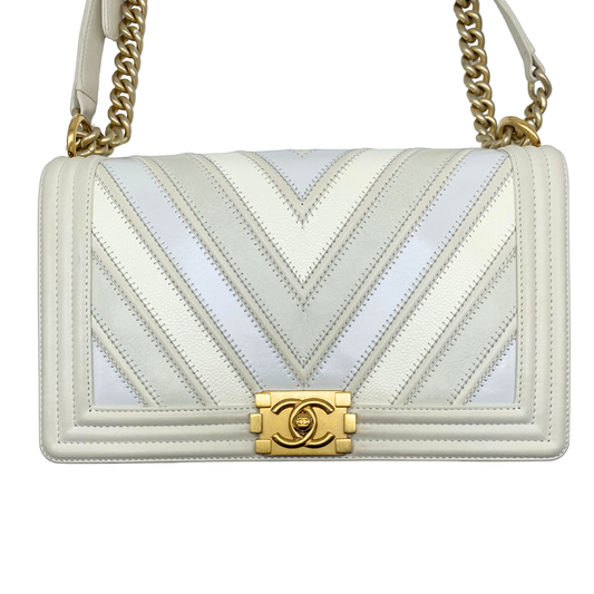 Chanel White Chevron New Medium Boy