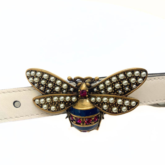 Gucci Pearl Butterfly Buckle Ivory Leather belt
