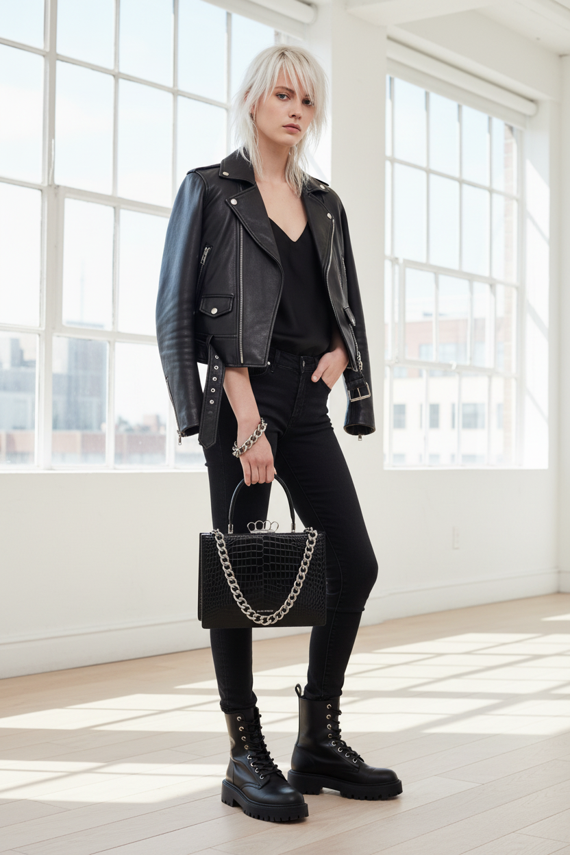 A Mcqueen Crocodile Embossed Frame Bag in Black