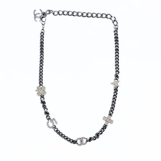 Chanel Silver 5 Motif Crystal Charms Grey Chain Choker Necklace