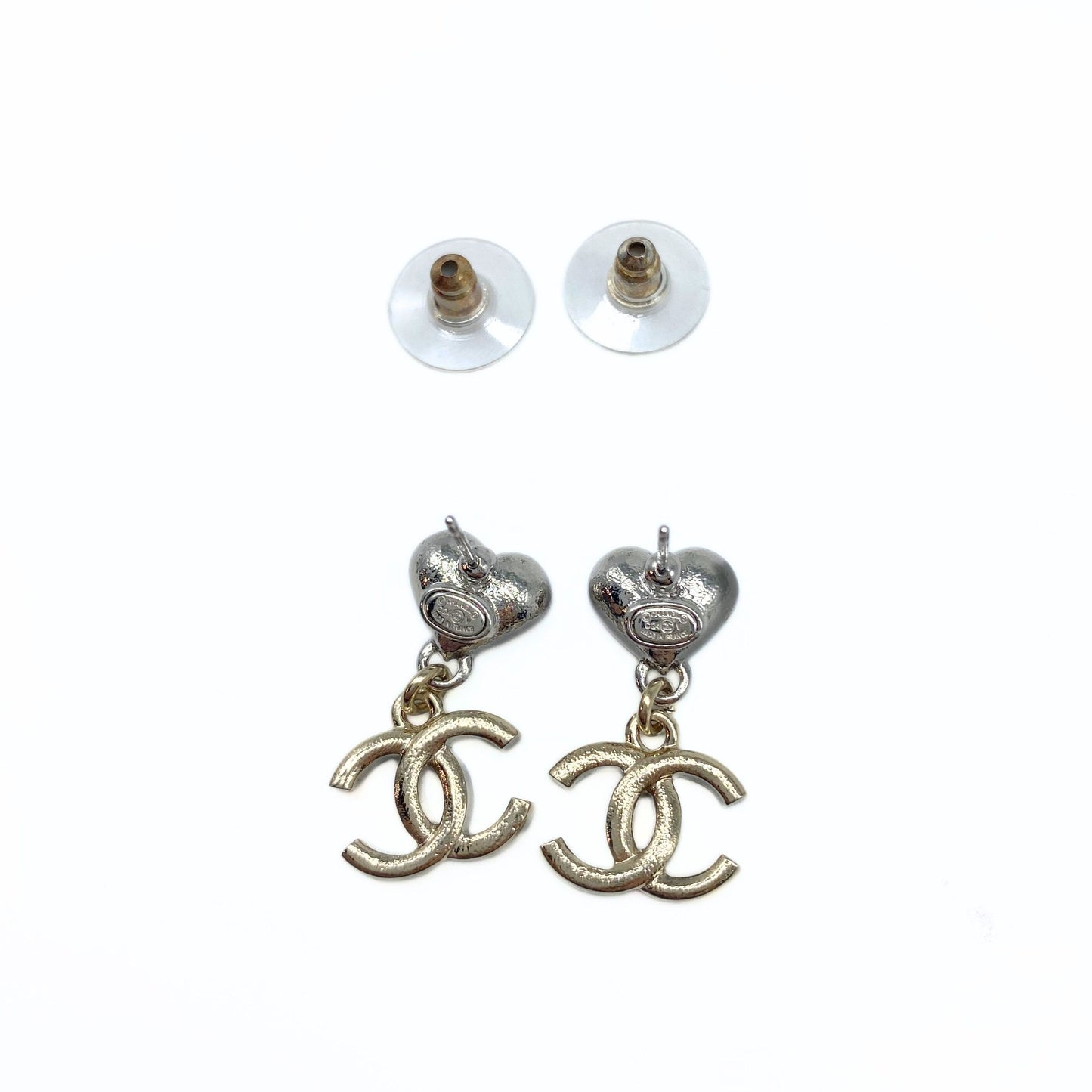 Crystal CC Heart Drop Earrings Silver/Gold