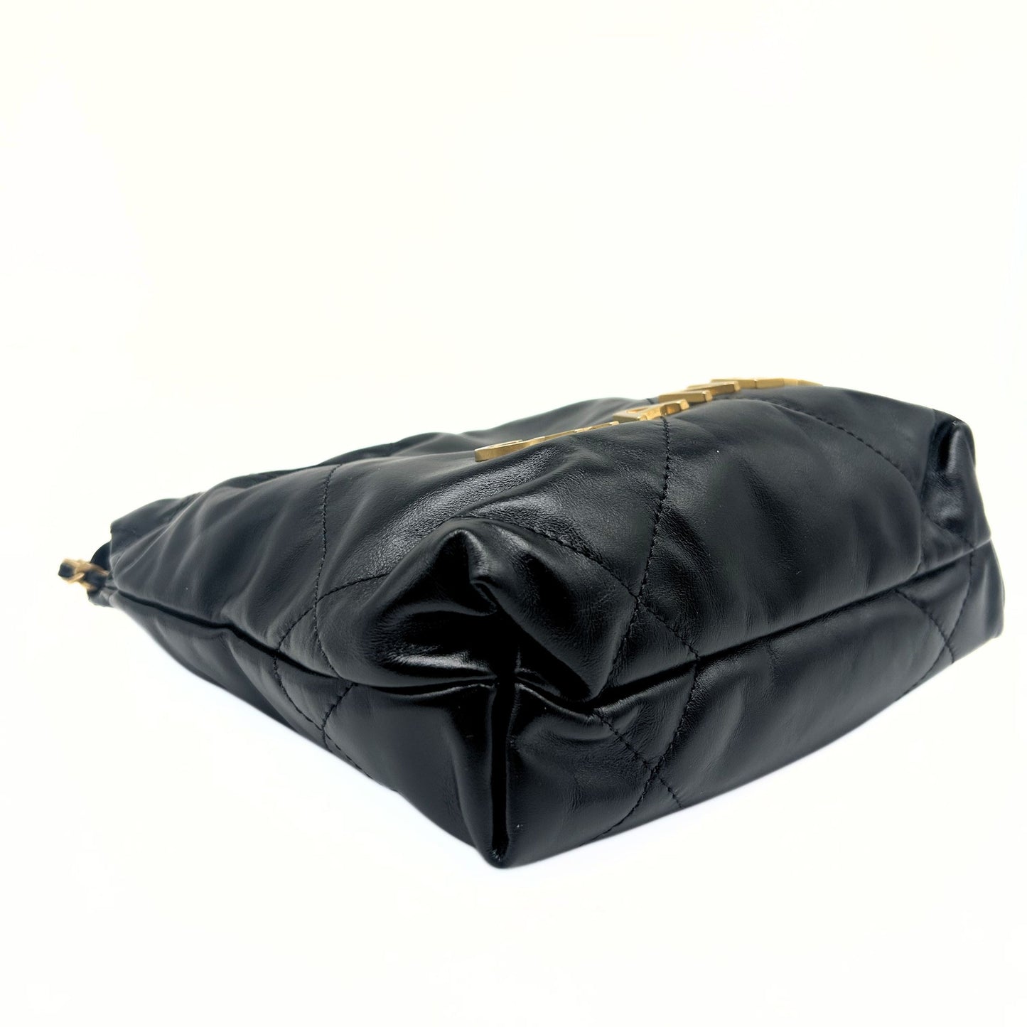 Black Calfskin Quilted Mini 22 Hobo Bag Aged Gold Hardware