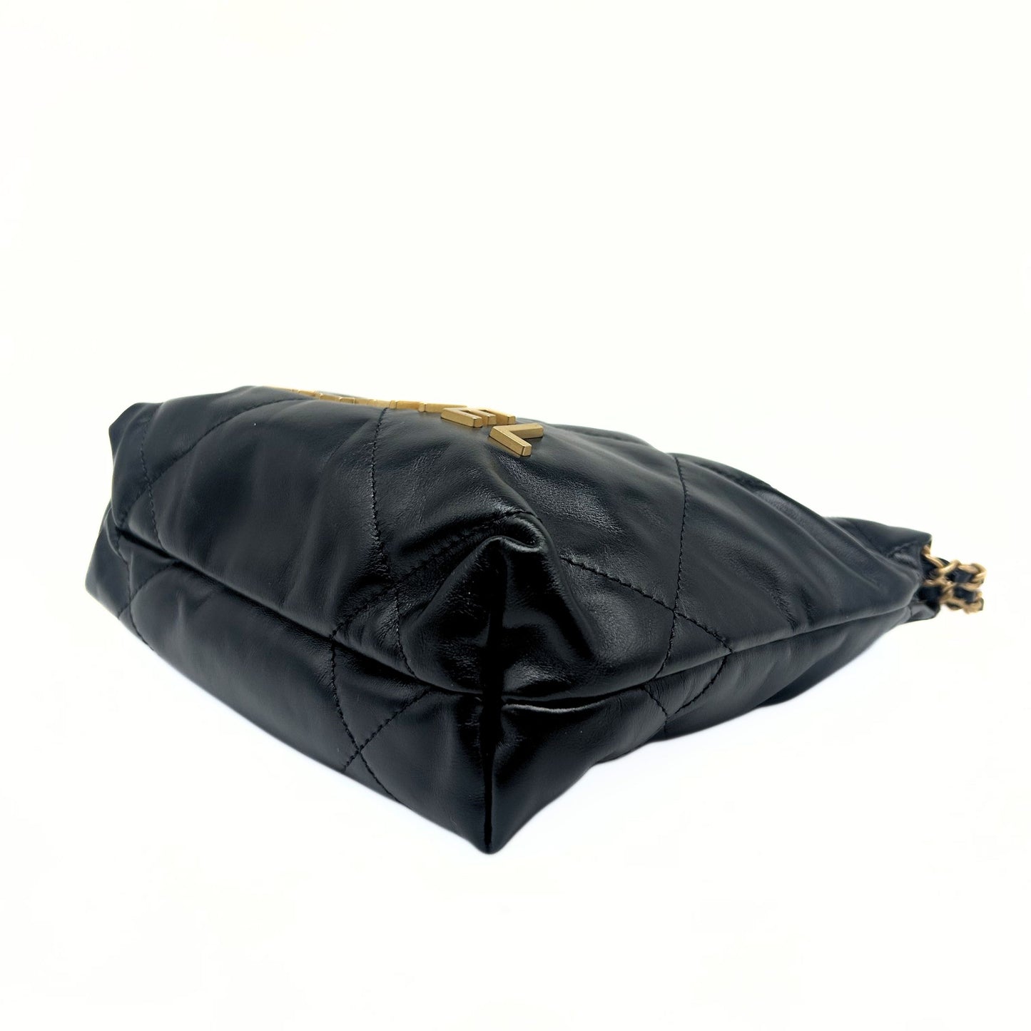 Black Calfskin Quilted Mini 22 Hobo Bag Aged Gold Hardware