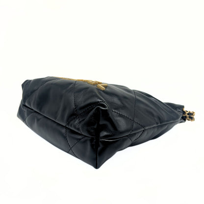 Black Calfskin Quilted Mini 22 Hobo Bag Aged Gold Hardware
