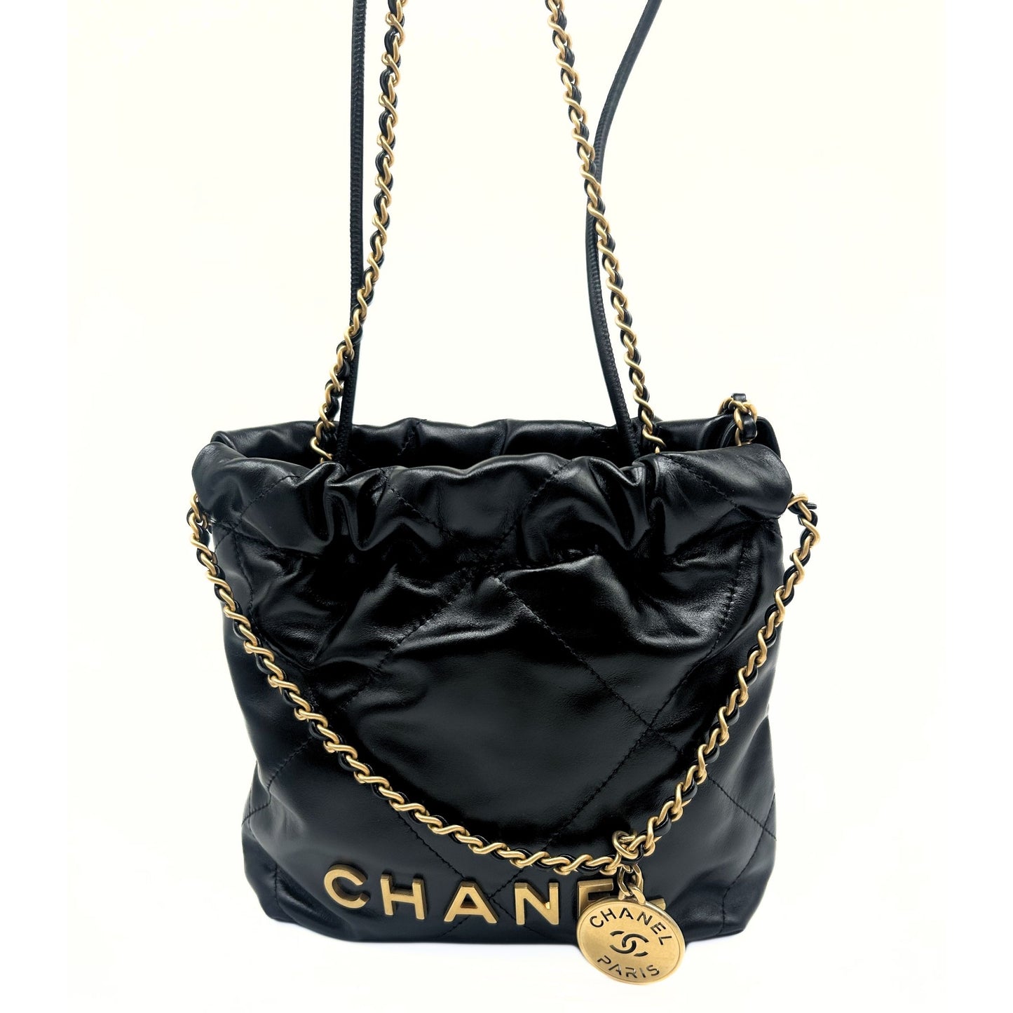 Black Calfskin Quilted Mini 22 Hobo Bag Aged Gold Hardware