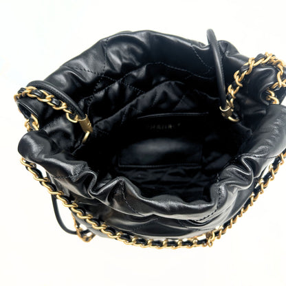 Black Calfskin Quilted Mini 22 Hobo Bag Aged Gold Hardware