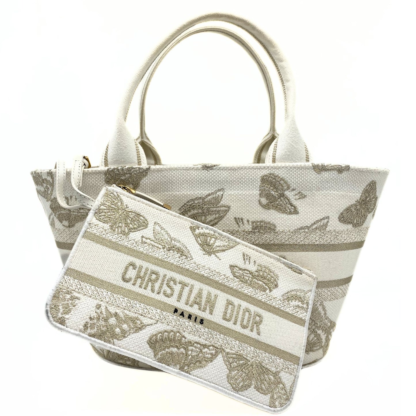 Dior Canvas Cannage Embroidered Brocart Hat Basket Bag White Gold