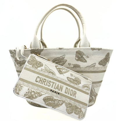 Dior Canvas Cannage Embroidered Brocart Hat Basket Bag White Gold