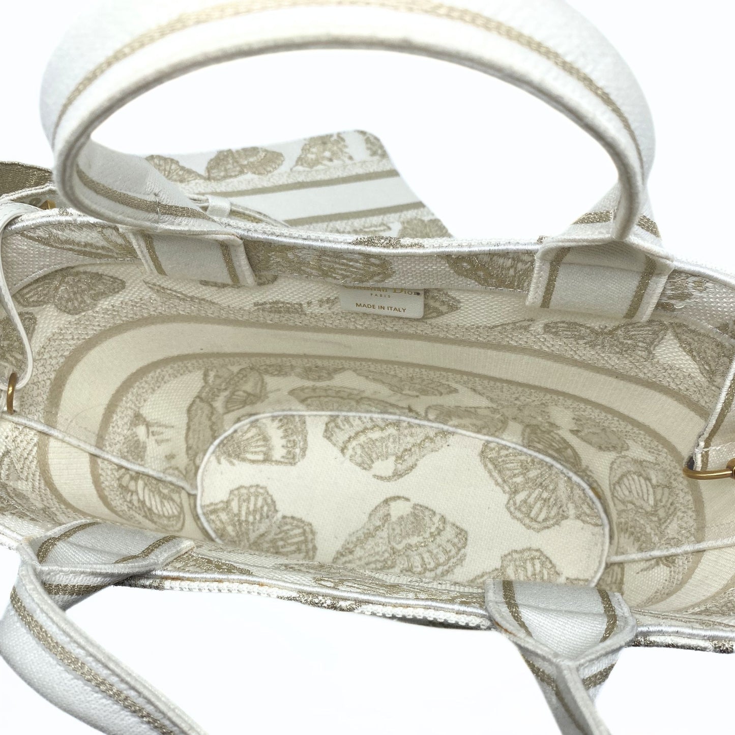 Dior Canvas Cannage Embroidered Brocart Hat Basket Bag White Gold