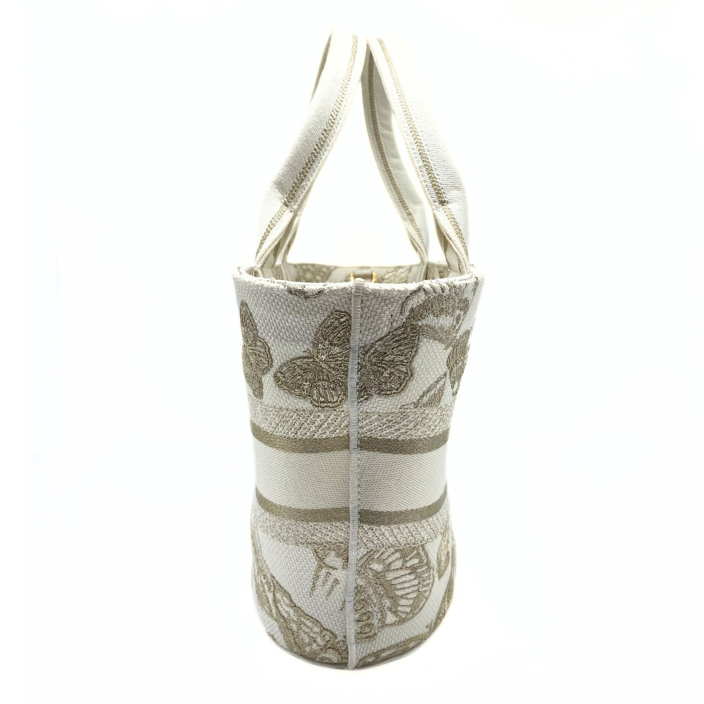 Dior Canvas Cannage Embroidered Brocart Hat Basket Bag White Gold