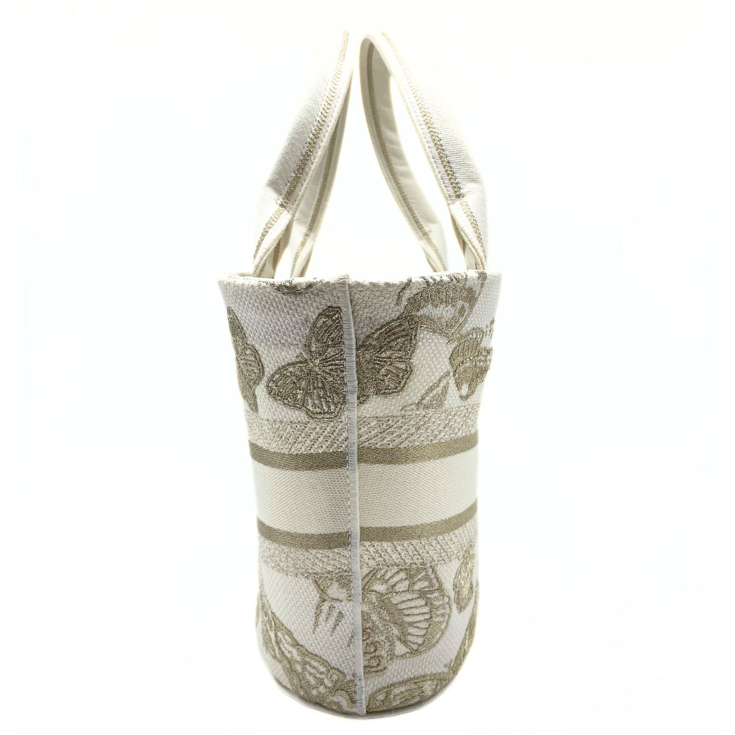 Dior Canvas Cannage Embroidered Brocart Hat Basket Bag White Gold