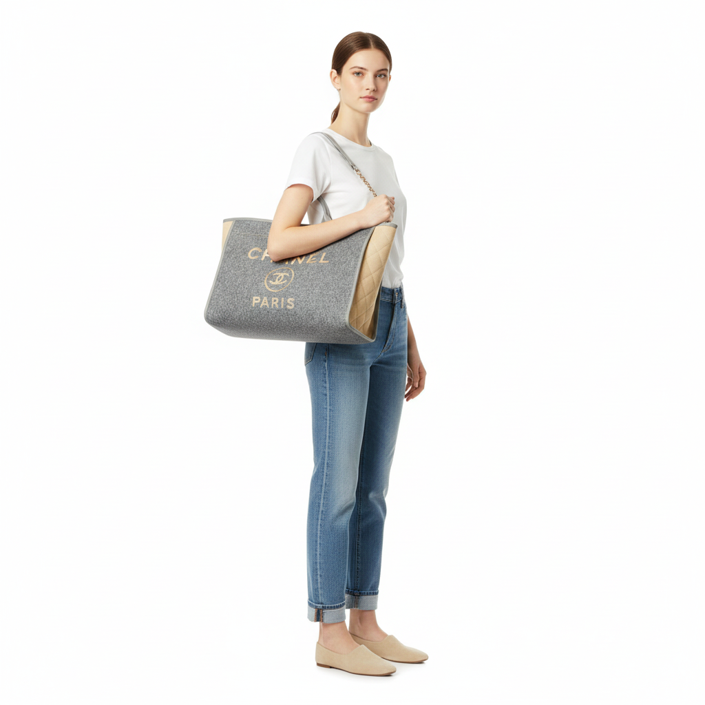 Chanel Beige Grey Large Deauville on model