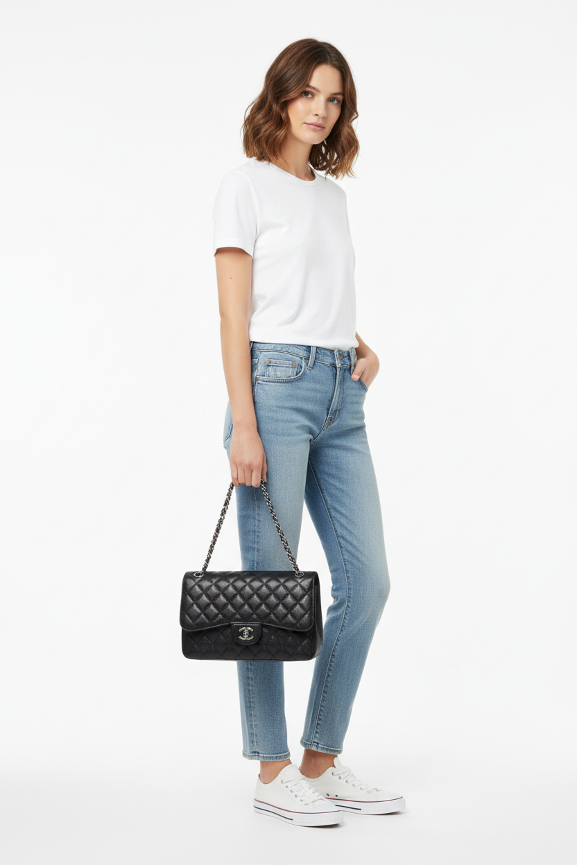 Chanel Black Jumbo Caviar with casual styling