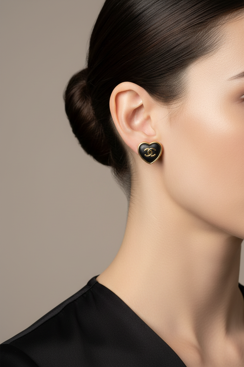 Chanel Black Leather Heart Stud Earrings with Gold Trim on Model
