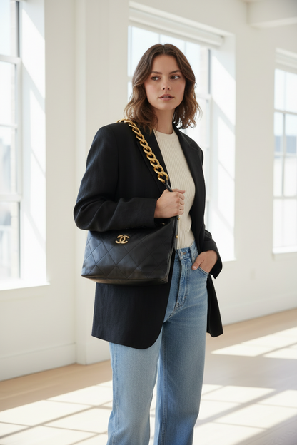 Chanel Daily Hobo Bag in Black with Gold Chain Strap