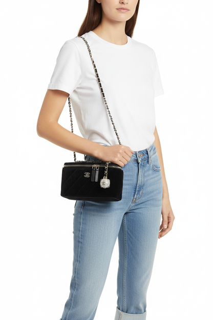 Chanel black velvet pearl crush on model