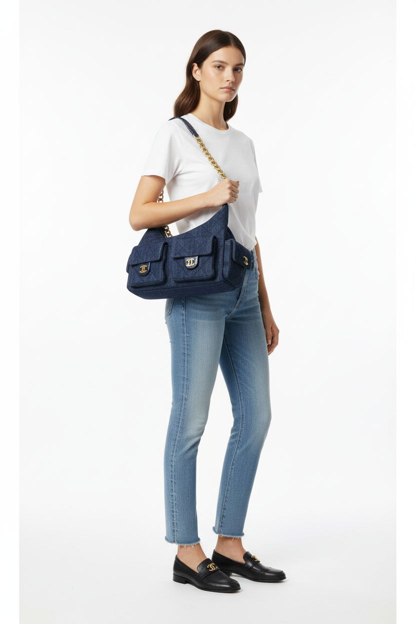 Chanel Dark Blue Denim Cargo Hobo on model - properly sized