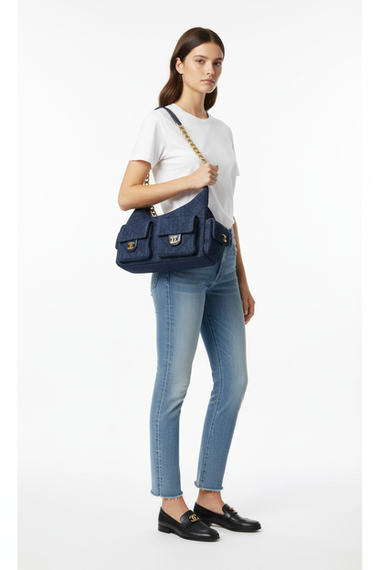 Chanel Dark Blue Denim Cargo Hobo on model - properly sized