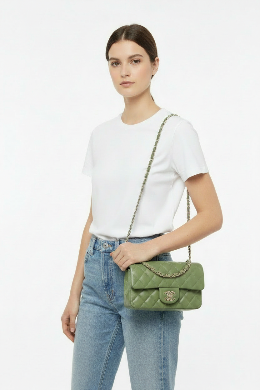 Chanel green rectangle flap on model - two straps on shoulder