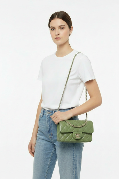 Chanel green rectangle flap on model - two straps on shoulder