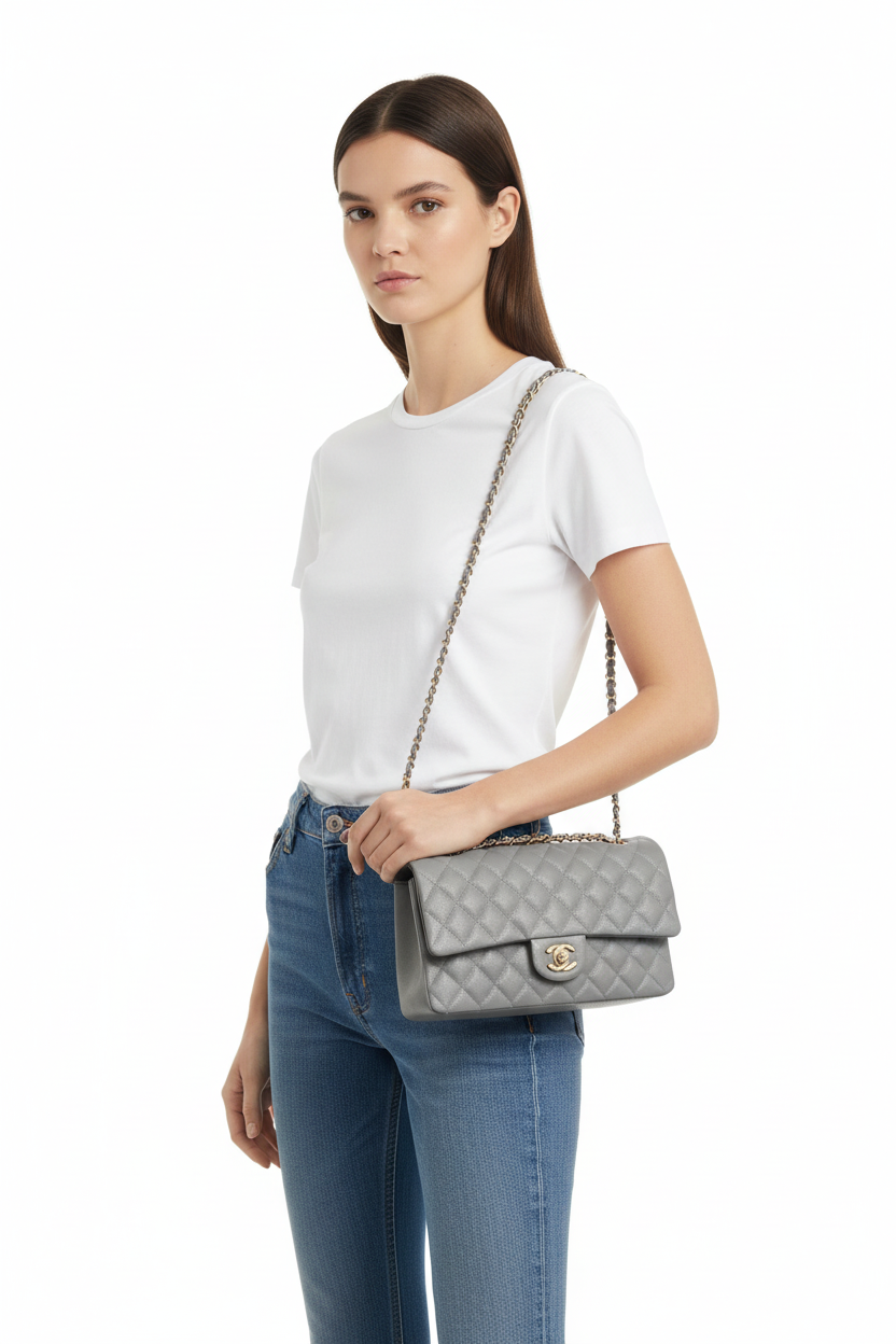 Chanel Grey Medium Flap Bag lifestyle shot