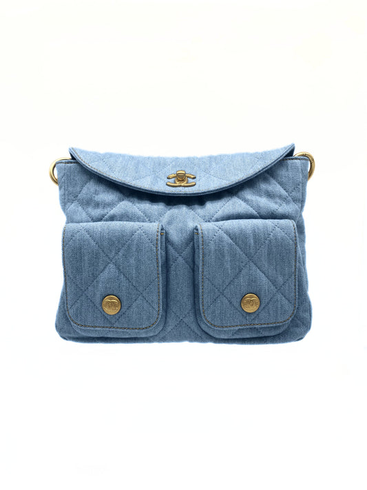 CHANEL Supple Twins Denim Hobo Bag with Brushed Gold Hardware