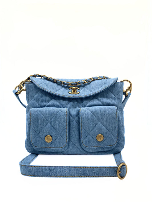 CHANEL Supple Twins Denim Hobo Bag with Brushed Gold Hardware