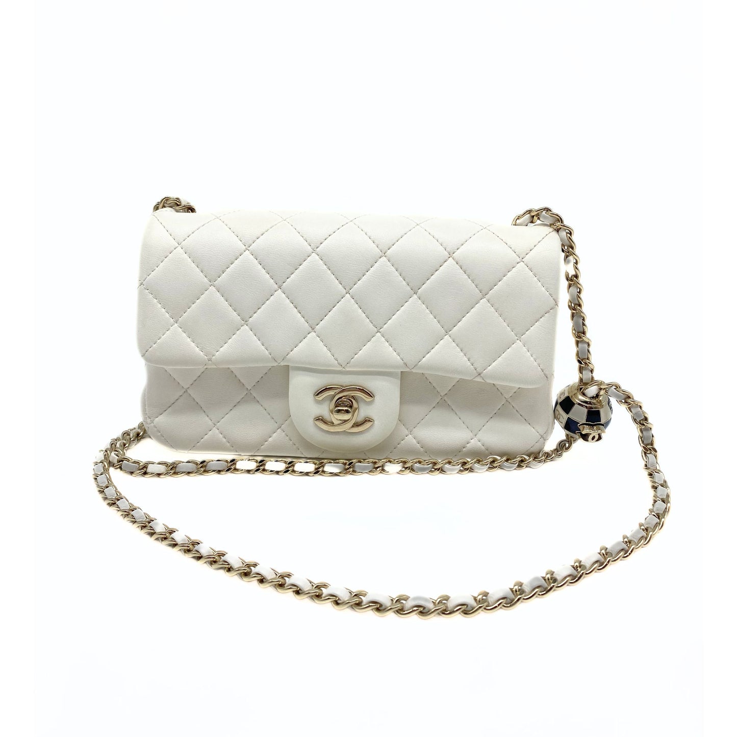 Chanel Pearl Crush Mini Square Flap Bag White Lambskin Light Gold Hardware