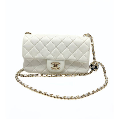 Chanel Pearl Crush Mini Square Flap Bag White Lambskin Light Gold Hardware