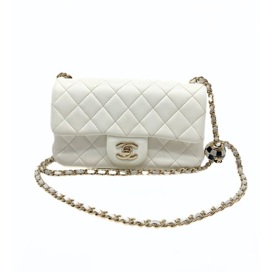 Chanel Pearl Crush Mini Square Flap Bag White Lambskin Light Gold Hardware