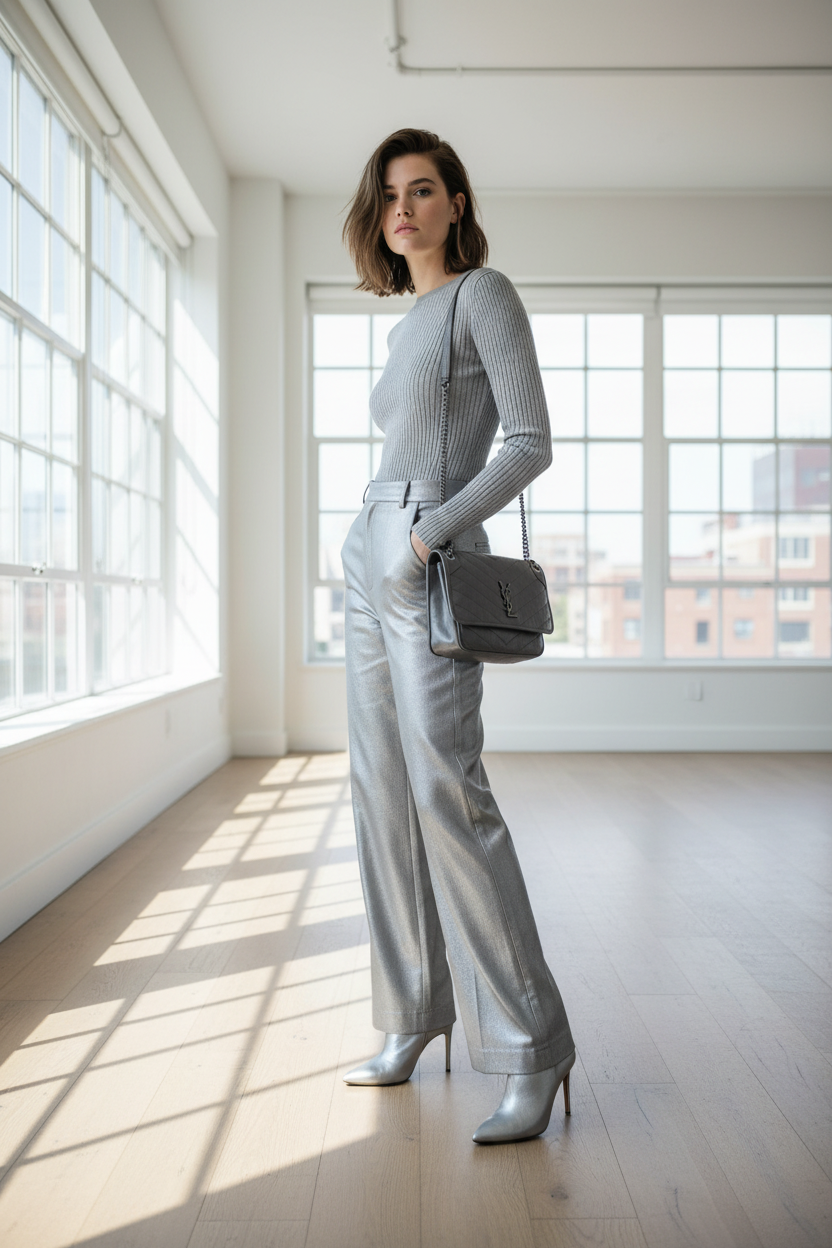 Saint Laurent Grey Fog Nikki Medium Crinkled Calfskin Shoulder Bag