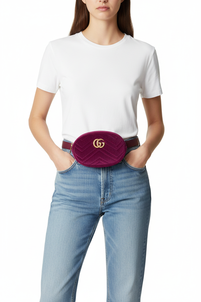 Gucci Dark Pink Marmont Velour Belt Bag on model