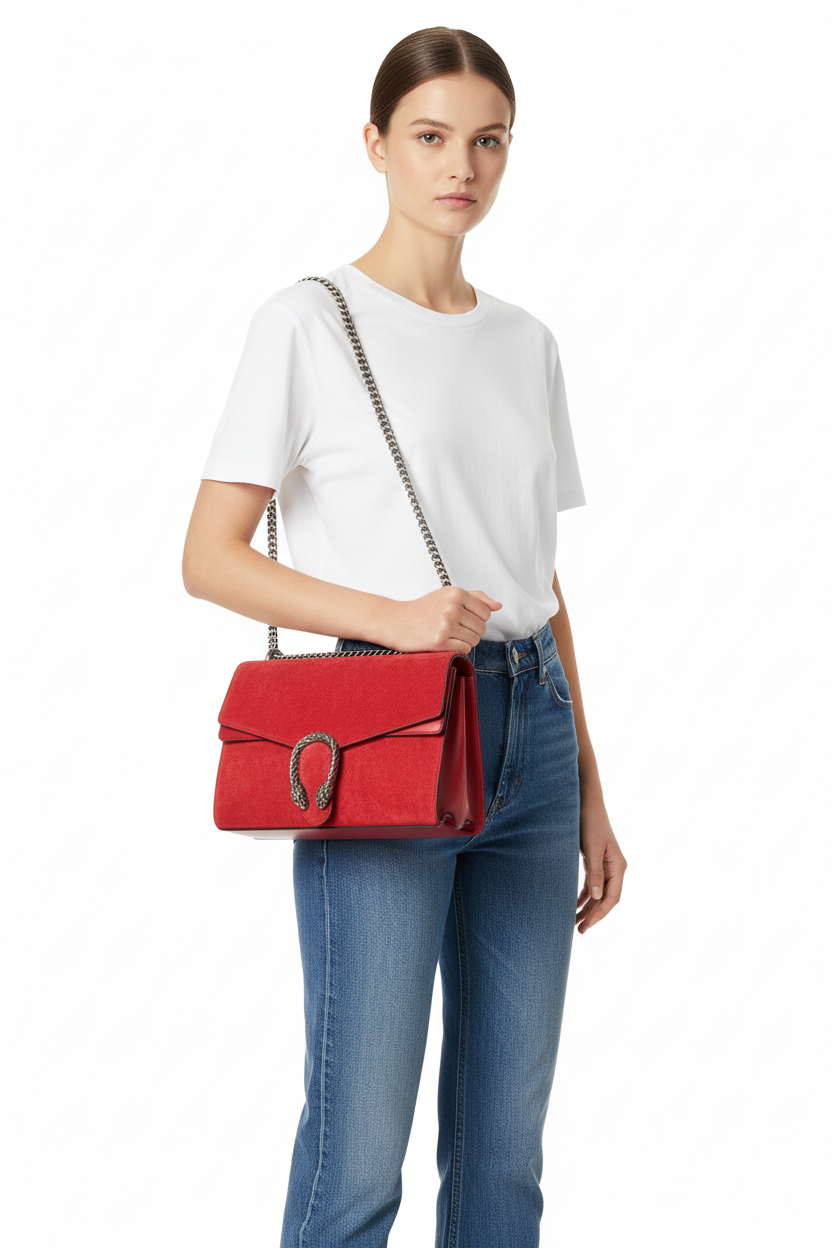 Gucci Red Suede Dionysus bag on model