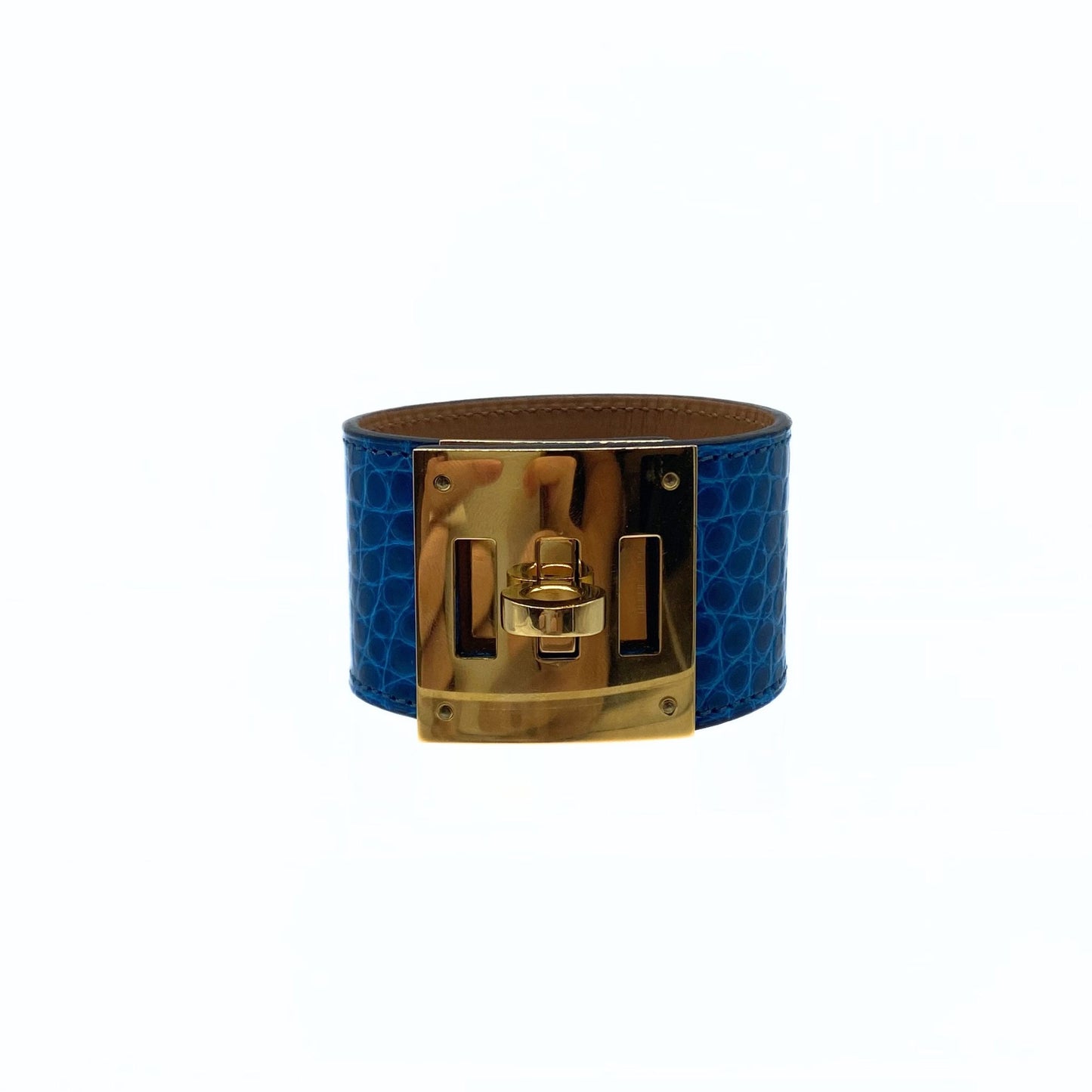 Hermes Kelly Dog Gator Cuff Blue Izmir Gold Hardware