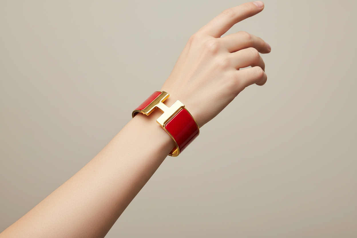 Hand wearing Hermes Rouge Clic Clac H Bracelet